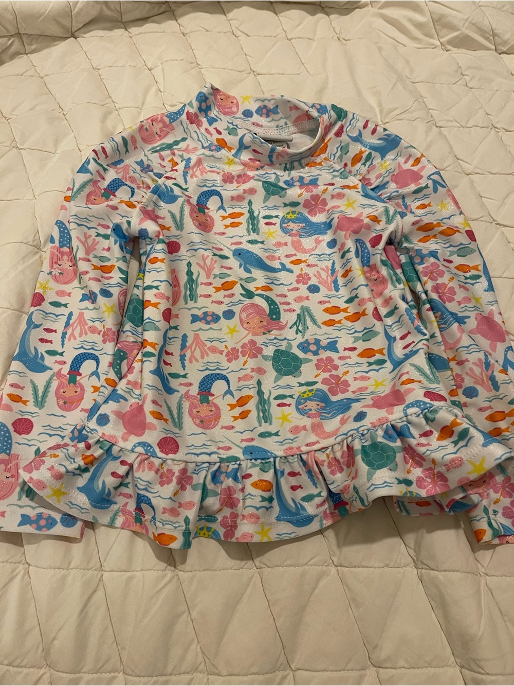 Kids White Mermaid Print Long-Sleeve Swim Top